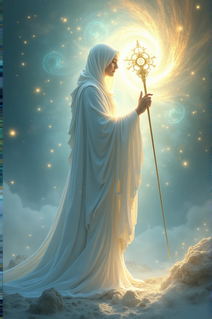 Here is the prompt translated into Portuguese:
"Create an ethereal, luminous scene set in the fifth dimension, featuring a wise fractal being that radiates light. The being is wrapped in a fluid white cloak that covers its entire body, symbolizing purity and wisdom. In your hands, he holds a shining staff, symbol of ancient knowledge and power. The background is filled with soft, luminous fractal patterns that evoke a sense of harmony and enlightenment.. The atmosphere must be serene, with a warm and welcoming light that conveys a message of peace, spiritual ascension and elevation."