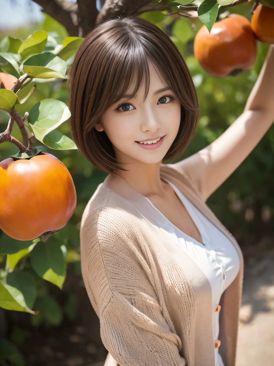 ((Long sleeve cardigan)),((Persimmon Tree)),((A lot of beautiful persimmons)),((smile)),(Jumping),((Highest quality)), Realistic, Very detailed, In detail, ((High resolution)), 8k,Japanese women,Beautiful woman,gravure,intellectual,Beautiful Skin,Beautiful Eyes,Detailed face,(Glamour),((short hair)),Brunette colored hair,20th Generation,Bust Size 87cm,Neat constriction,(Beautiful Eyes),(Adult),