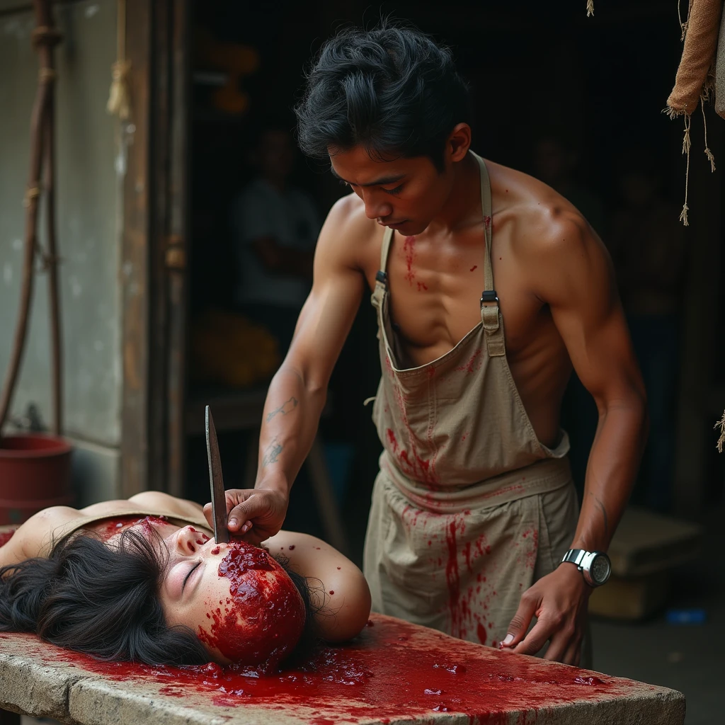 Crazy, horror, man, naked with ron full of blood, b The man has a machete and is splitting open the head. Human head being traded in a traditional market, on a top of table, human trafficking, bleeding, woman's head, open mouth, ((eyes closed)), bleeding, traditional market place background, photorealistic, 4K, Nikon, horror, public market, beautiful asian face