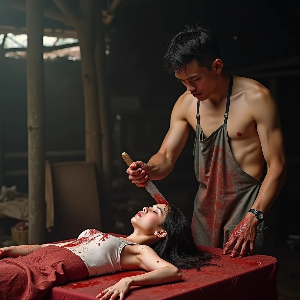 Crazy, horror, 17-year-old man, naked with an apron full of blood, bloody woman. The man has a machete and is splitting open the head. Human head being traded in a traditional market, on a top of table, human trafficking, bleeding, woman's head, beautiful face, ((eyes closed)), bleeding, traditional market place background, photorealistic, 4K, Nikon, horror, public market, beautiful asian face
