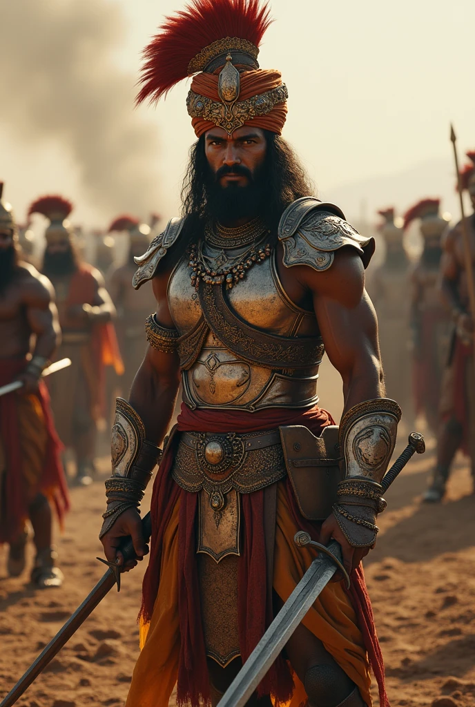 Ancient Indian warrior on a battlefield, wearing full battle gear and turban, facing the camera, finely detailed outfit and weapon, intricate design and details, ultra-detailed, highest detail quality, ultra-realistic, photography lighting, reflection mapping, photorealistic, cinematic, cinematic noise, movie quality rendering, octane rendering, sharp focus, 8k, depth of field, real shadow, vfx post-production, rtx ray tracing lighting --ar 9:16