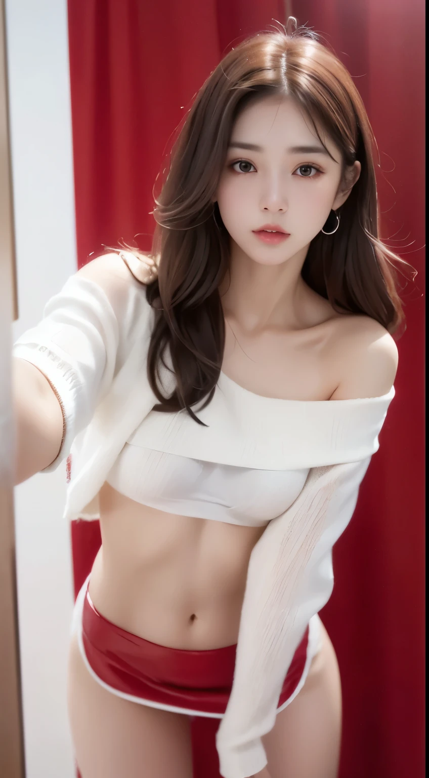8k,masseter muscle fragment,realistic,1 girl,alone、upper part of the body、(((Face up:1.5)))、((Lean forward and approach the camera.:1.5)))、White off shoulder sweater、ship、ship와 어깨까지 보이는 아름다운 피부、red leather short skirt、(big mouth),looking at the camera、The light reflects off the eyes
