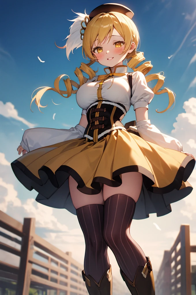 (masterpiece, best quality), 1girl,    MamiAi, yellow eyes, blonde hair, drill hair, twin drills, shiny, shiny hair, breasts, blush, smile, bangs, large breasts, neck ribbon, hair ornament, ribbon, parted lips, ;), light blush, yellow ribbon, hairpin, dot nose, magical girl, tomoe mami, skirt, shirt, thighhighs, long sleeves, hat, short sleeves, heart, thighs, pleated skirt, boots, detached sleeves, striped, puffy sleeves, puffy short sleeves, zettai ryouiki, black headwear, beret, brown footwear, knee boots, feathers, corset, striped thighhighs, vertical stripes, high collar, brown thighhighs, yellow skirt, vertical-striped thighhighs