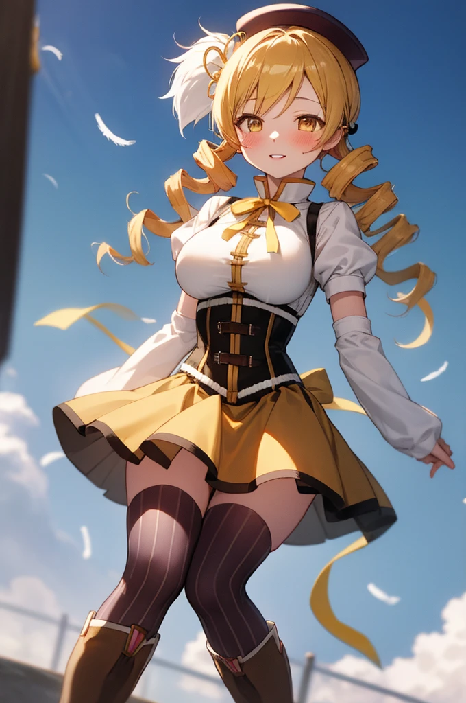 (masterpiece, best quality), 1girl,    MamiAi, yellow eyes, blonde hair, drill hair, twin drills, shiny, shiny hair, breasts, blush, smile, bangs, large breasts, neck ribbon, hair ornament, ribbon, parted lips, ;), light blush, yellow ribbon, hairpin, dot nose, magical girl, tomoe mami, skirt, shirt, thighhighs, long sleeves, hat, short sleeves, heart, thighs, pleated skirt, boots, detached sleeves, striped, puffy sleeves, puffy short sleeves, zettai ryouiki, black headwear, beret, brown footwear, knee boots, feathers, corset, striped thighhighs, vertical stripes, high collar, brown thighhighs, yellow skirt, vertical-striped thighhighs