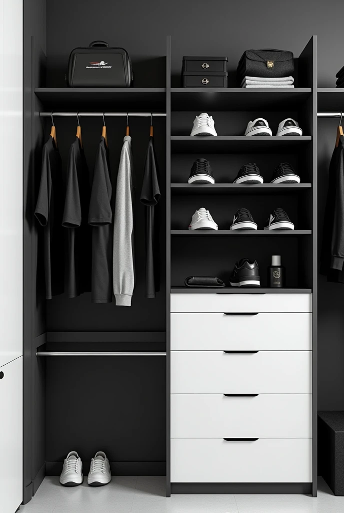 Make me a closet with a black and white cabinet, 4x4 drawers and measurements of 120cm. Place an open clothes rack on top to hang clothes with hangers.. And leave space on the ceiling for several shelves where the tennis shoes will go.. Consider doing it with the design for a Gamer. The closet should not have wood, only the drawer. The racks for the sneakers should only be on the right side.. And the cabinet must cover the entire bottom part of the closet and the coat rack must not protrude but be the same measurement as the 120cm of the cabinet.. 