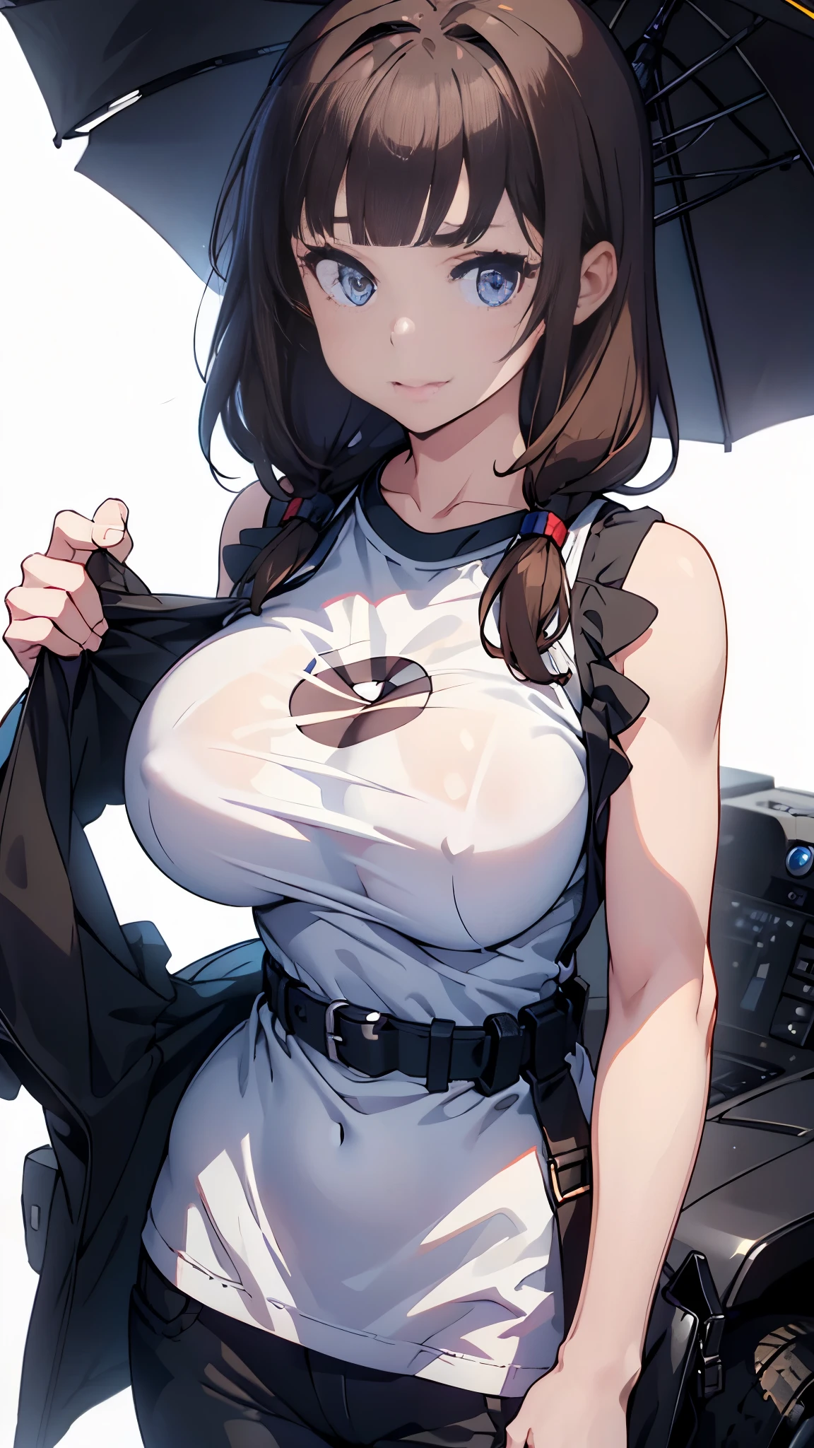 (nsfw), Big Breasts, Highest quality, Realistic, 8k, High resolution, 1 person, woman, (Skin Dentition), (Portraiture: 0.6), nice, (White Background: 1.82)), ((Big round breasts, Sleeveless white T-shirt: 1.75)), Straight Viewer: 1.8, (1 person Eyes, Medium length hair, Brown Hair, Parted bangs : 1.65), Realistic, (Bokeh), (Mouth closed: 1.46), nice, Pure Eros Face_v1,
