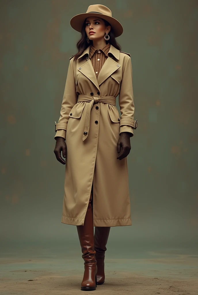 Woman from the 70s in beige Trenchcoat, Boots, gloves, hat, and ear rings