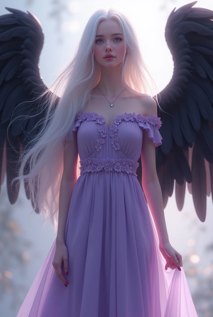 A 20-year-old girl with white hair and purple eyes and wearing a long lilac dress with black wings with a positive personality 
