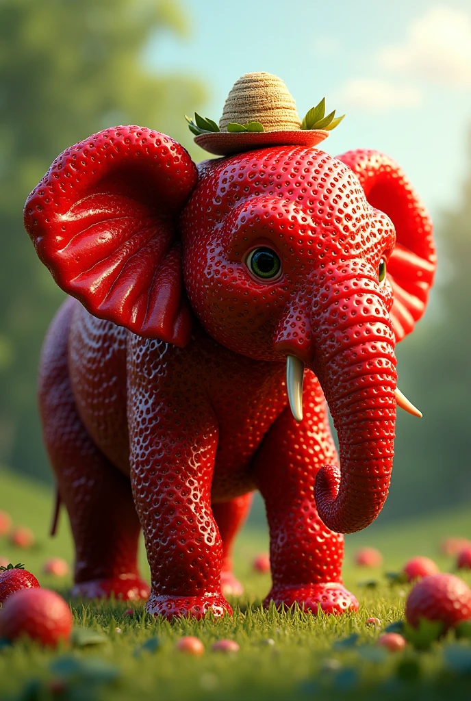 Elephant made of strawberry with a straw hat on its head.