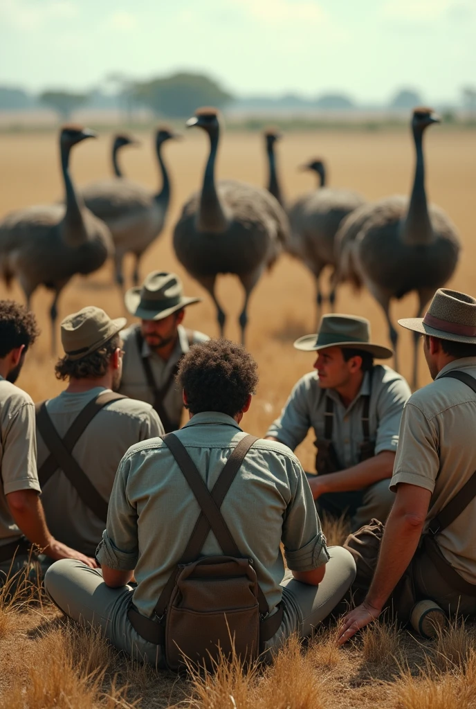 A crowded of Australian people sitting on the ground field because of the irritating emus birds destroying their farms in the back ultra realistic
