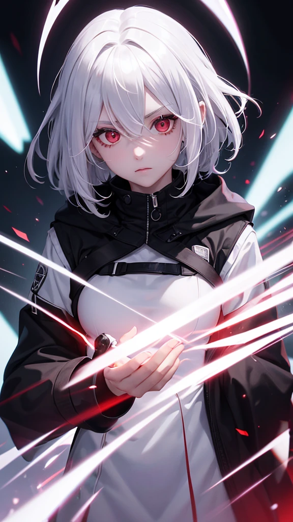 1girl, white hair, wild hair, red eyes, (white eyelashes:1.2), emotionless, red glow halo, mature, black coat, short hair, (chromatic aberration:1.2), reality break, destruction city, solo, (evil godness:1.2), digital dissolve, dynamic pose