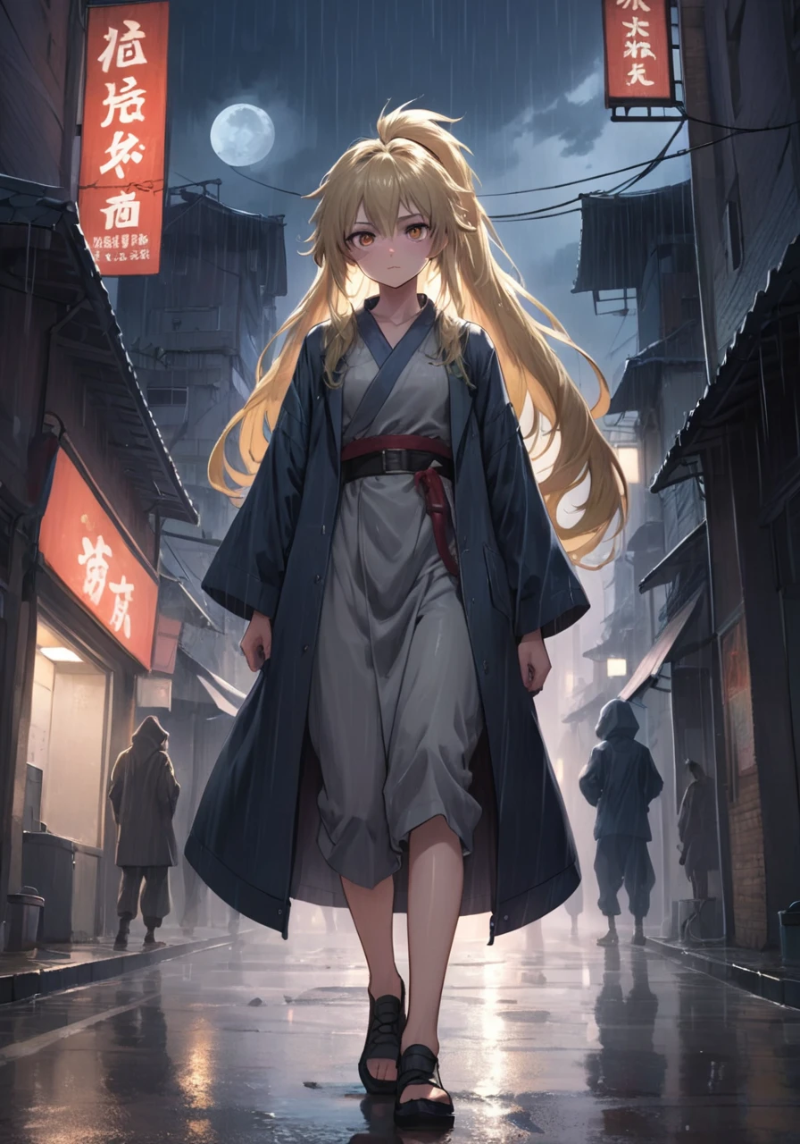 employment,Highest quality,Cute 20 year old, A hall in the street々Standing, sharp, heavy rain, Moonlit hair, and、Those fearsome glowing eyes staring out at the horizon, ready for battle.. A huge tail swings behind, Destroy buildings in your path, Although small, Panicked civilians flee in the foreground.