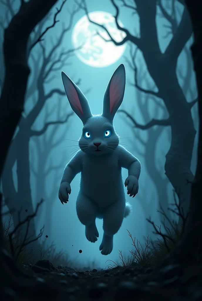 (Photorealism) silhouette of a white rabbit running with his four feets and evil eyes shining blue in the dark forest