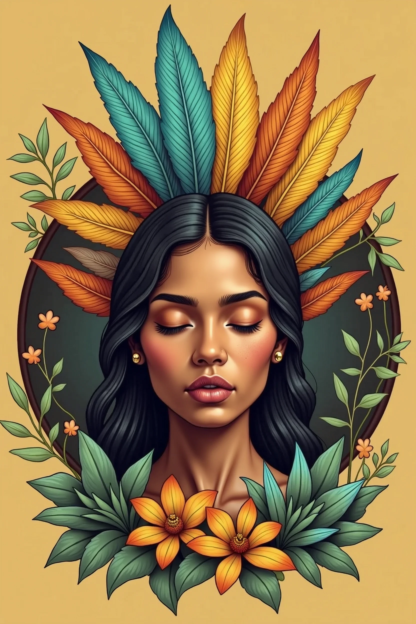 Illustration of the round face of a Colombian indigenous woman with cinnamon-colored skin, eyes closed looking forward, She wore a headdress with orange., yellow, Aquamarine and ochre colored feathers, surrounded by flowers, Succulents and vines in a wooden circle on a white background.