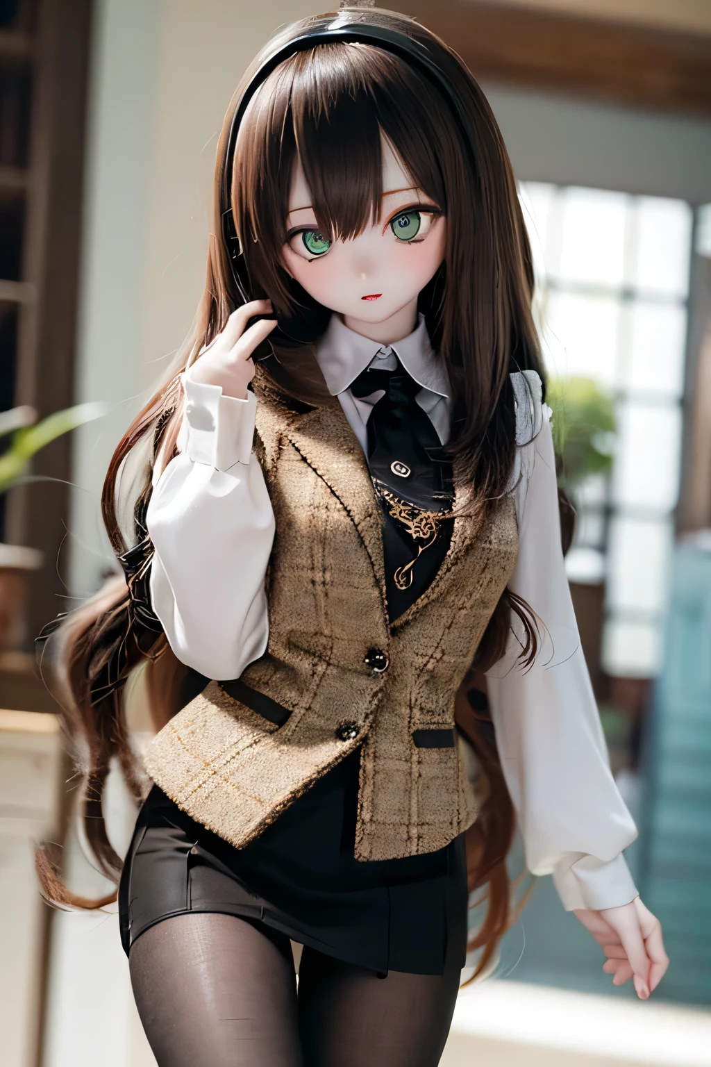 (SFW:2), photorealistic, realistic photo, 8k, ((highest quality)), ((masterpiece)), (extremely detailed), kukolnydom, doll, (mature woman, 21yo, 21 years old, solo:1.6), ((cowboy shot, contrapposto, slim, slender, skinny, medium breasts, hairband, ascot, vest, blouse, long puff sleeves, pleated skirt, black pantyhose)), (green eyes, brown hair, long hair, plastic skin, looking at another, glass eyes, gradient eyes, shining eyes, detailed eyes:1.3)