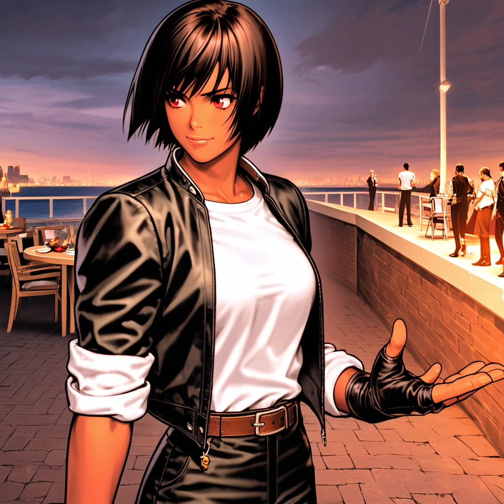 One person,woman,Standing posture,Reach out your hand/put your hand forward,Aerial view,short hair,Black Hair,Dark Skin,Red eyes,(black jacket with sleeves rolled up),Fingerless gloves,White T-shirt, (White headband),Black trousers,White shoes,Brown belt,cute,Indoor Party,Charm Points,Ocean View,Slightly large chest,Outdoor,high quality,good looking,Confident and shy face,Dining with friends on the terrace,A fun atmosphere,
