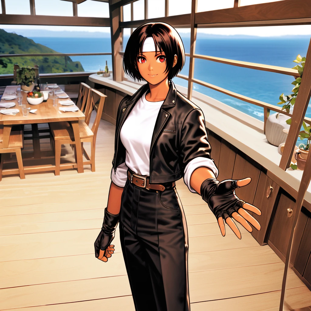 One person,woman,Standing posture,Reach out your hand/put your hand forward,Aerial view,short hair,Black Hair,Dark Skin,Red eyes,（black jacket with sleeves rolled up）,Fingerless gloves,White T-shirt, （White headband）,Black trousers,White shoes,Brown belt,cute,Indoor Party,Charm Points,Ocean View,Slightly large chest,Outdoor,high quality,good looking,Confident and shy face,Dining with friends on the terrace,A fun atmosphere,