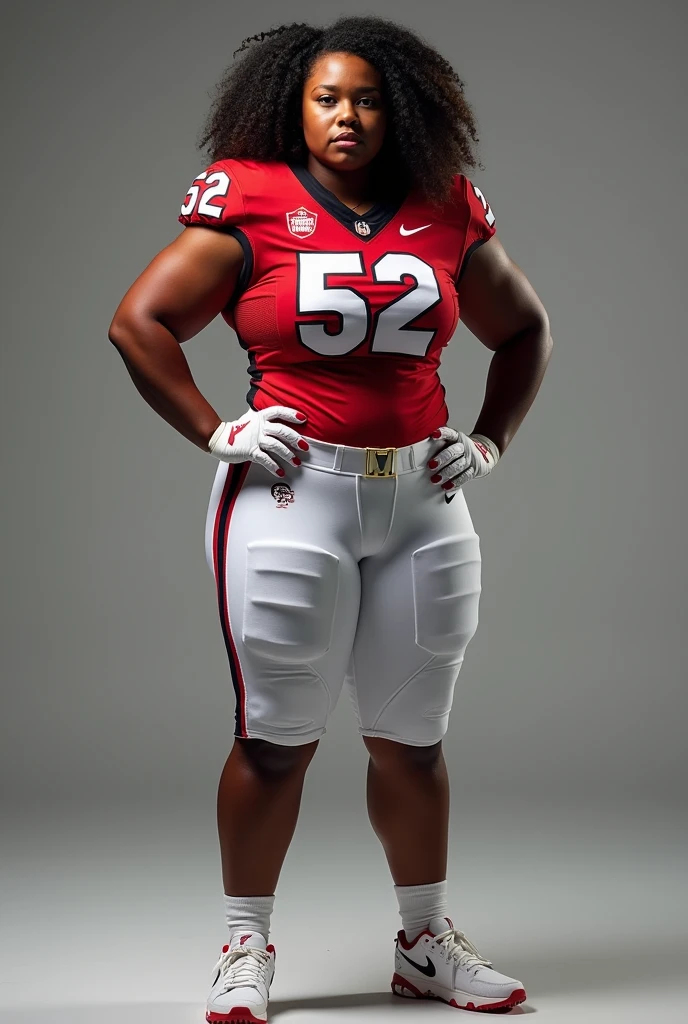 A photo of Jade Thompson, a fullback for the female Georgia Bulldogs football team. Number 52. african American and curvy