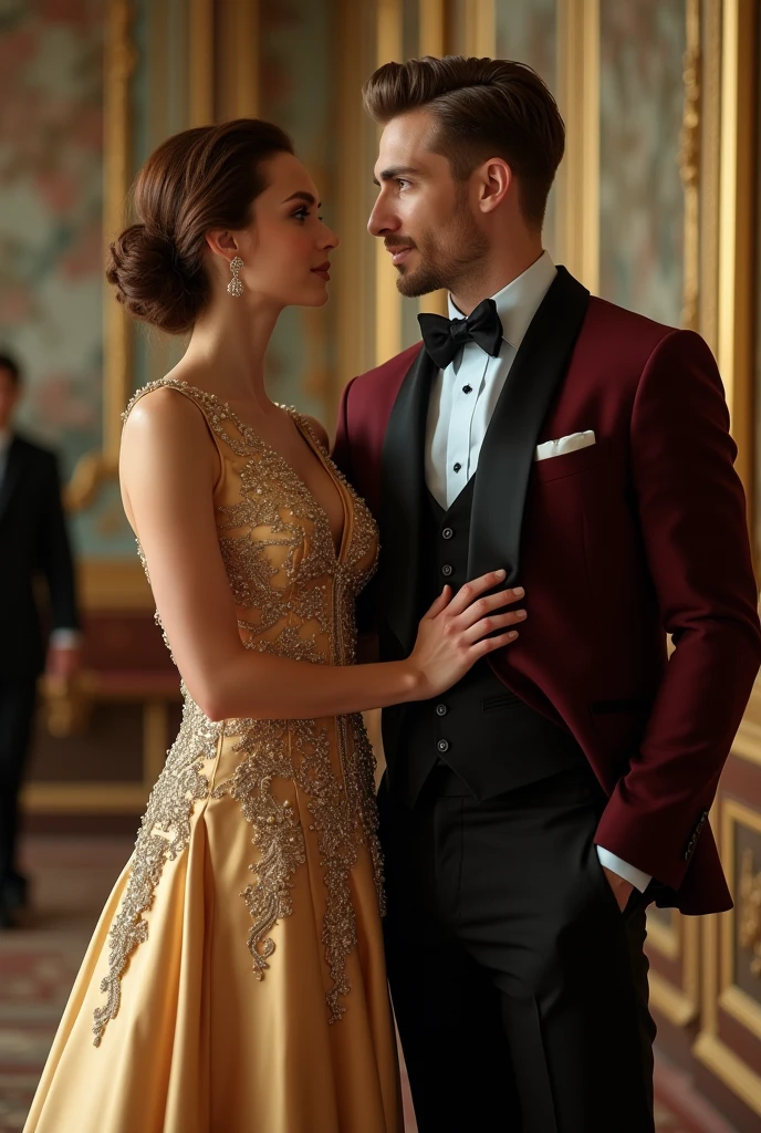 Woman with long gold dress, pairing up with man with maroon color suit with black bowtie with pastel blue shirt inside the suit