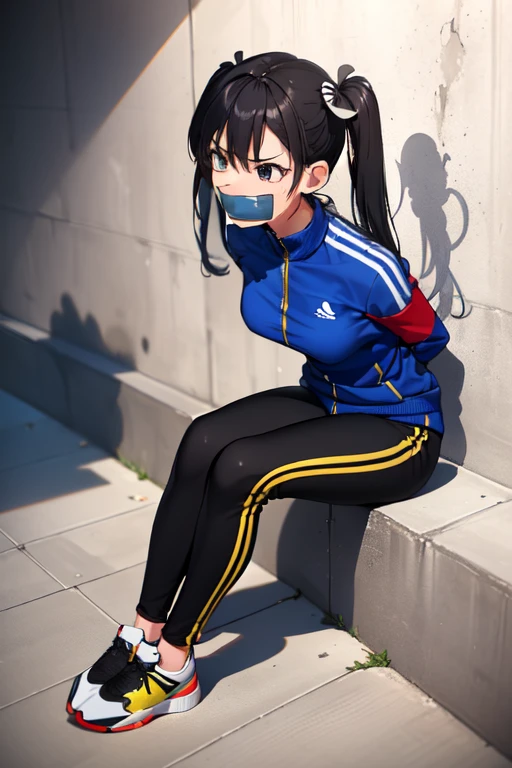 ((1 girl)), ((twin tails)), (sexy),  ((simple_background)), ((concrete floor, concrete wall)), ((underground room)), ((arms behind back)), ((scowl)), ((sitting on the knees)), ((tape gag)),  ((helpless)), ((calm)), ((struggling)), (blue tracksuit,tracksuit,tights pants, long black pants)