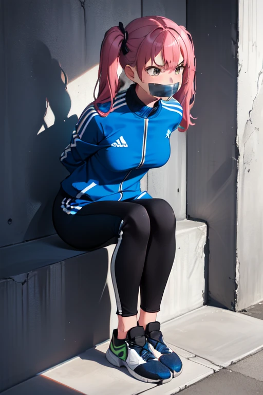 ((1 girl)), ((twin tails)), (sexy),  ((simple_background)), ((concrete floor, concrete wall)), ((underground room)), ((arms behind back)), ((scowl)), ((sitting on the knees)), ((tape gag)),  ((helpless)), ((calm)), ((struggling)), (blue tracksuit,tracksuit,tights pants, long black pants)