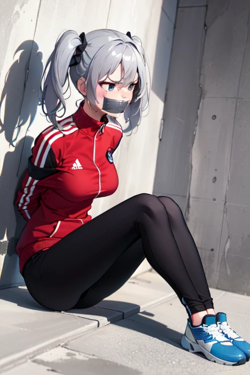 ((1 girl)), ((twin tails)), (sexy),  ((simple_background)), ((concrete floor, concrete wall)), ((underground room)), ((arms behind back)), ((scowl)), ((sitting on the knees)), ((tape gag)),  ((helpless)), ((calm)), ((struggling)), (blue tracksuit,tracksuit,tights pants, long black pants)