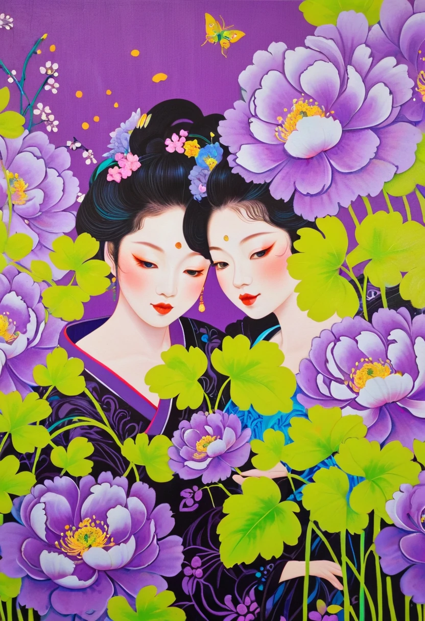 A painting：(((Colorful black，Chalk painting，Oil stick painting，Volume，Thick coating，Uneven texture，Plaster texture，Graffiti)))。Colorful black，Peony， Bright colors, Purple和, cute的, Bright colors，cute, Lavender Color and Color Schemes, 和Purple的配色方案,  Beautiful Art,  Purple, Whimsical Art, 和Purple色调, Lime and Violet, Close together,, spring, Inspired by Tomokazu Matsuyama, Delightful