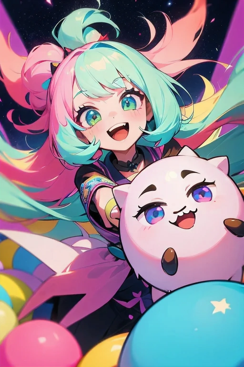 Girl, fluffy hair, pink hair, long hair, big eyes, long eyelashes, colorful green eyes, round eyes, stars in the eyes, open mouth, jagged teeth, joy, pop, cute, Colorful, happy pose, dynamic, pastel, (colorful:1), (sketch:0.3), (hyper pop:1), Jirai Kei, (realistic:1.3)