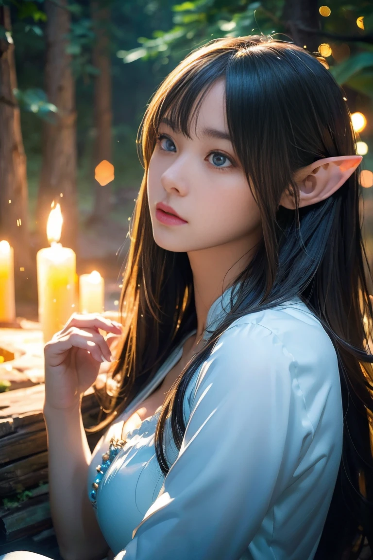 (8k, RAW photo, best quality, masterpiece:1.2), (realistic, photo-realistic:1.4), (extremely detailed 8k wallpaper), sharp focus, professional lighting, depth of field, cinematic lighting, in dark forest, midnight, By the bonfire, deep fog, (cowboy shot), 1girl, young,age18, model, beautiful detailed girl, pretty girl, beautiful girl, fashion model,elf girl, sitting on rocks, (stare into the distance:1.5), (large breasts), perfect body, slender body, good figure, narrow waist, long legs, slim, thigh, fair skin, shiny skin, extremely detailed skin, realistic skin, beautiful skin, double eyelid, beautiful face, detailed face, perfect face, Blue eyes, beautiful eyes, Lip Gloss, blonde hair, long hair,straight hair,(swept bangs), jewelry,elves archer,gray goddes dress, nechlece, Scared,Anxiety and fear, The terror that comes from behind、Irresistible Fear、Terrifying Shadows、