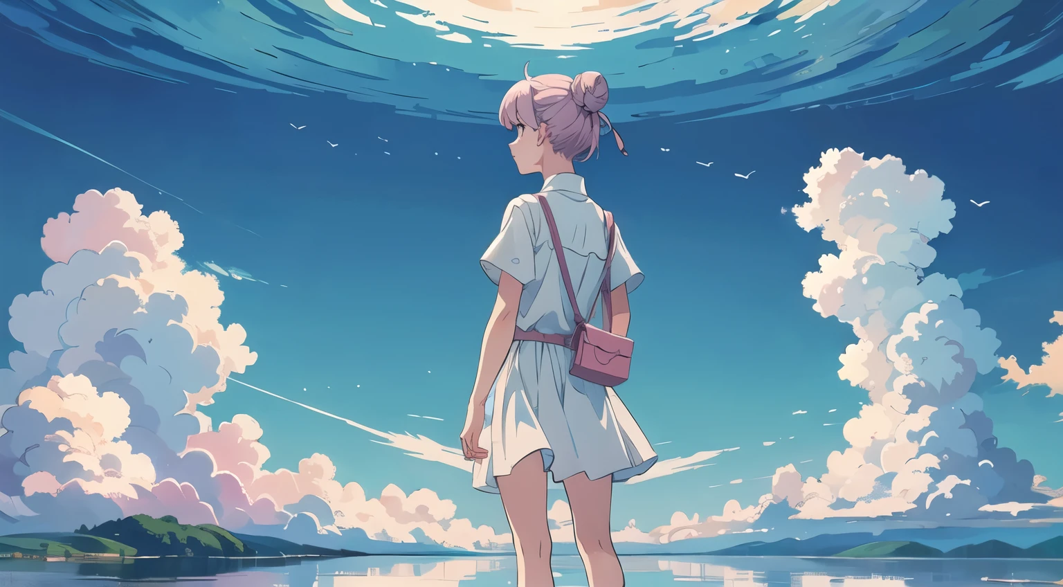 masterpiece, Highest quality, Super detailed, Standing alone, looking up at the sky, Very short silver haircut, Pink Eyes, Bun Hair, The water surface reflecting the sky, cumulonimbus, Fantasy, Casual and natural summer outfit, Minimalist composition