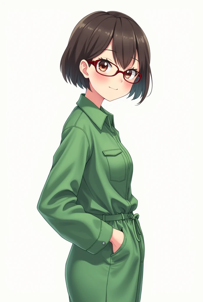 Background is white。
A beautiful anime-style girl wearing glasses and wearing a green casual long-sleeved jumpsuit with a collar