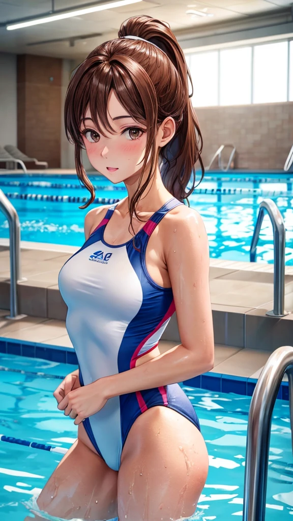 A 37-year-old woman with brown hair in a ponytail wearing a competitive swimsuit, indoor pool