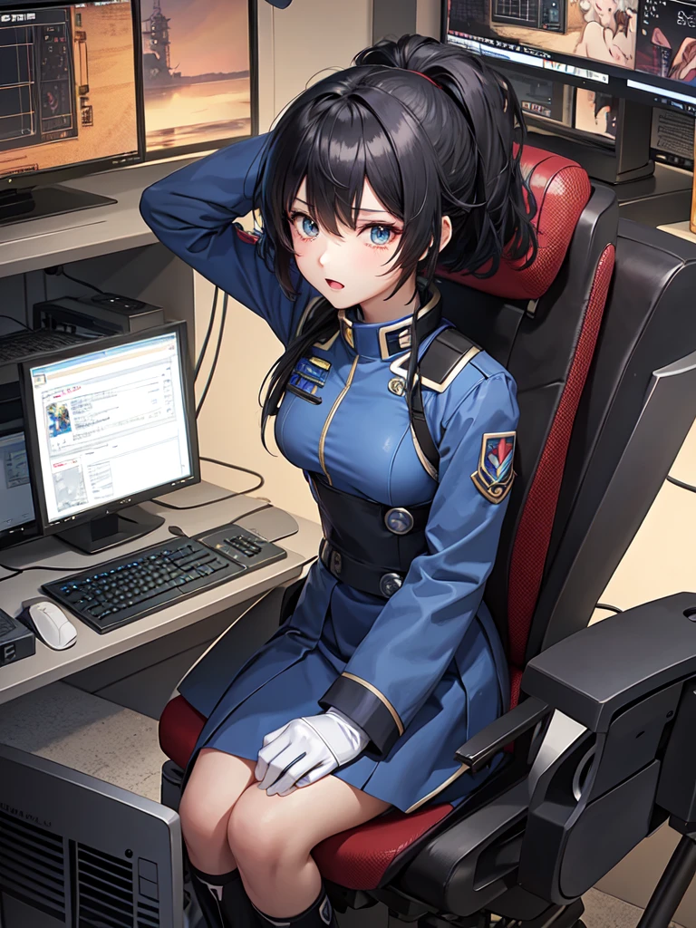 Female anime style Dorbach ,Mecha Uniform 2D, ((Operating a computer))((Highest quality)), ((masterpiece)), (detailed) ((Centered Images)) Crying face