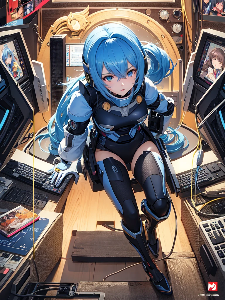 Female anime style Dorbach ,Mecha Uniform 2D, ((Operating a computer))((Highest quality)), ((masterpiece)), (detailed) ((Centered Images)) Crying face