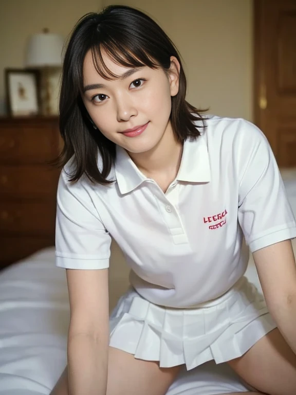 (Masterpiece, Best quality: 1.4), (Ultra realistic, Photo-realistic: 1.2), Full body, (kneeling: 1.3), Looking at viewer, Natural light, 28 years old actress, Japanese women, (arms behind back: 1.2), Neat and clean, ((Wearing white tennis uniform, White polo shirt with collar, Not buttoning the polo shirt, White pleated tennis skirt: 1.2)), (ponytail: 1.2), Light brown hair color, (Beautiful Face), Oval face, clear, (Beautiful eyes, Kind eyes), (Clear skin), Small face, (Small mouth, Beautiful mouth), Natural makeup, Approachable, Hotel Suite room,On bed, (nsfw:1.1), Seductive smile, Seductive pose, Beautiful thighs, Touch pussy, Bedroom eyes, Spread legs,