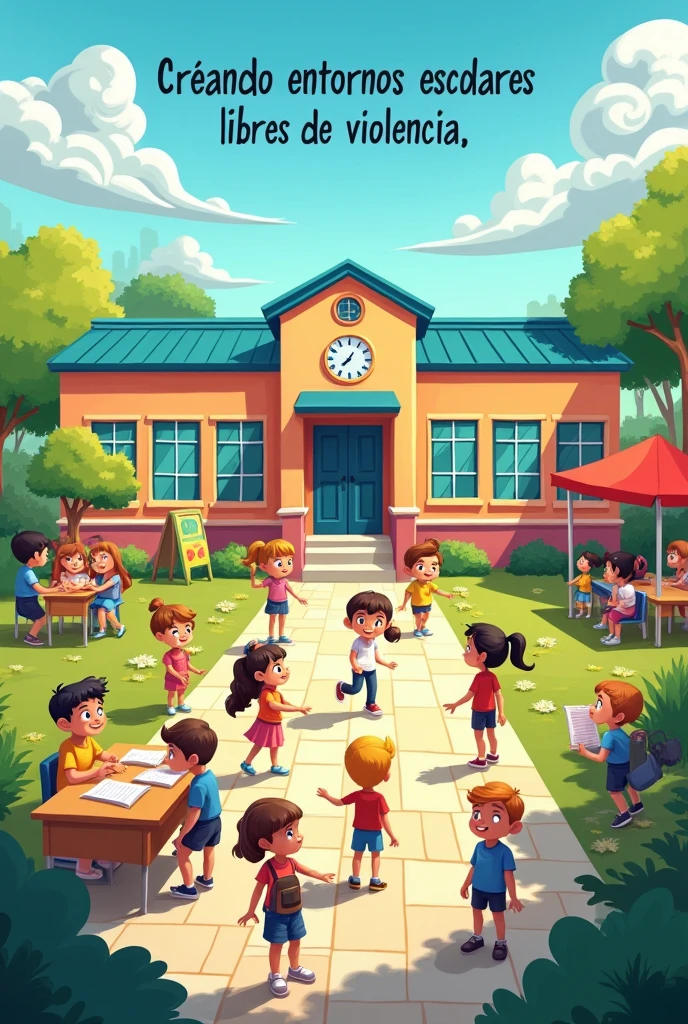 A background with animated children that the background is a school that has the title creating school environments free of school violence that is in Spanish That has the title at the top
