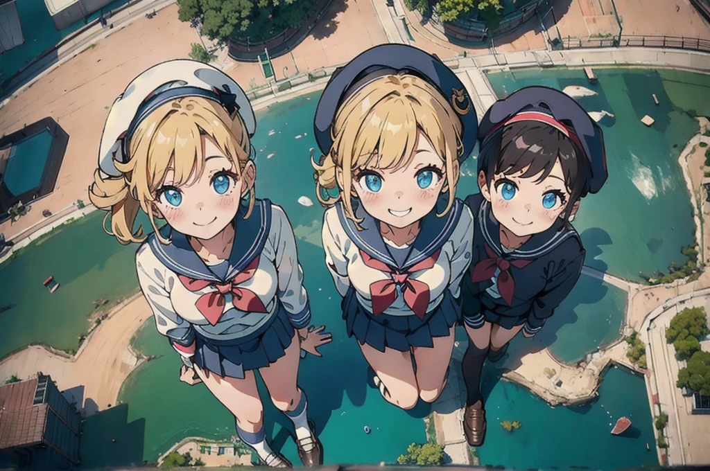  cute、daily、Group photo、Smiling face、Sailor suit、mini skirt、beret、(from above:2) 、bright