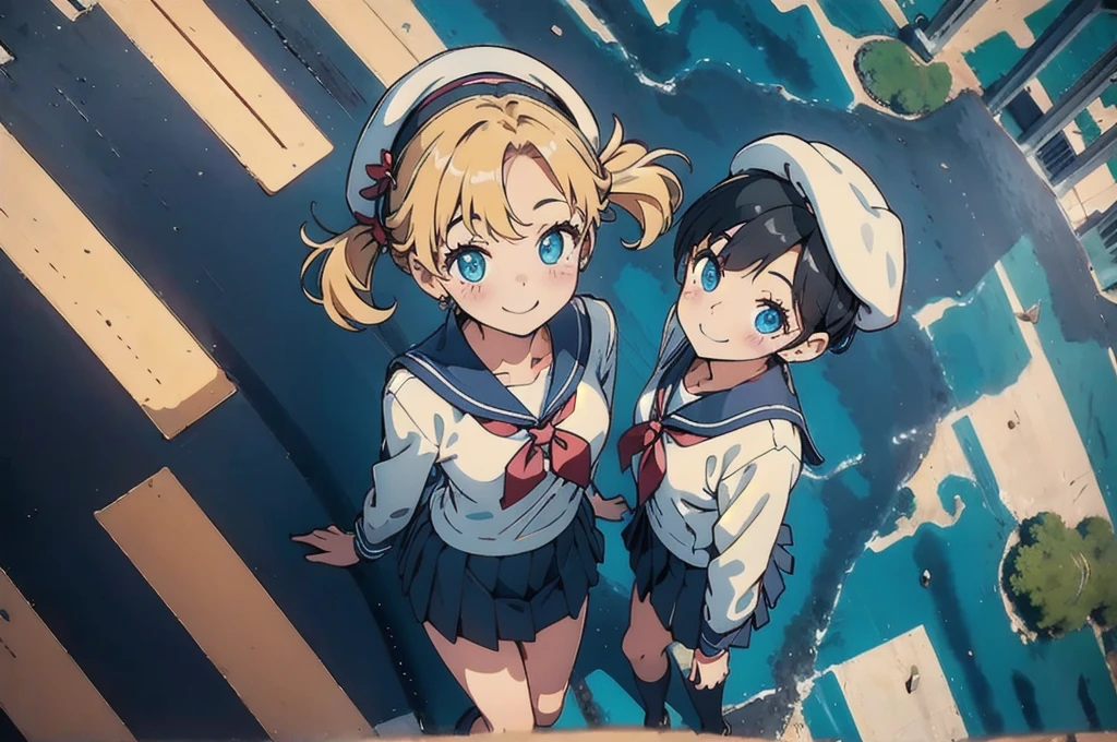 cute、daily、Group photo、Smiling face、Sailor suit、mini skirt、beret、(from above:2) 、bright