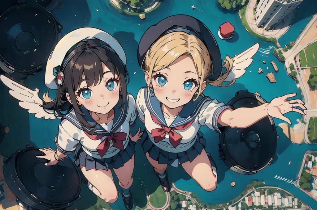  cute、daily、Group photo、Smiling face、Sailor suit、mini skirt、beret、(from above:2) 、bright