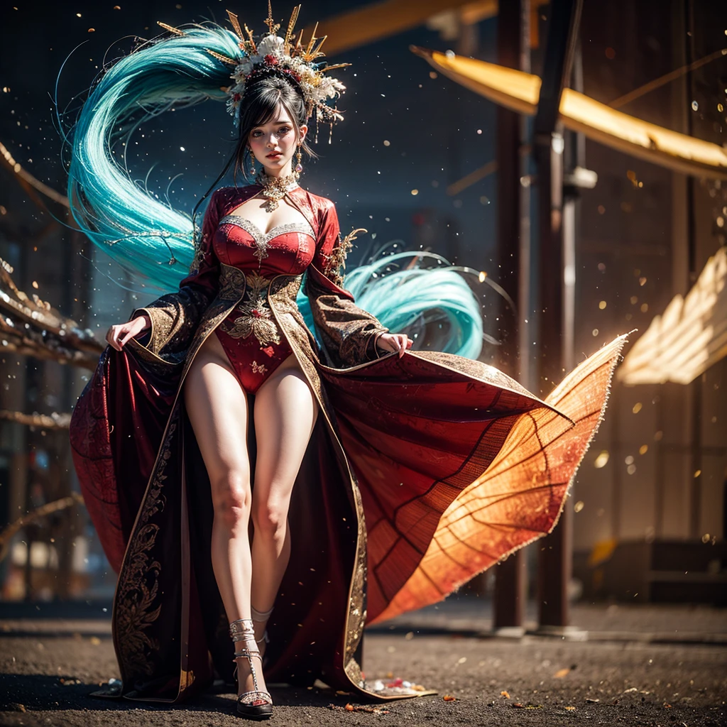 (Full Body of Extremely Detailed Dragon girl) with (Sparkling Red eyes) Cyan hair in a high ponytail, liquid hair, flowers, (Huge dragon head) in background, 8K TopQuality UltraDetailed Masterpiece of Professional Photo, HDR ultra-fine painting, LifeLike rendering, extreme detail description, professional, Bright colors, bokeh, (Exposed Hourglass Body Shape)