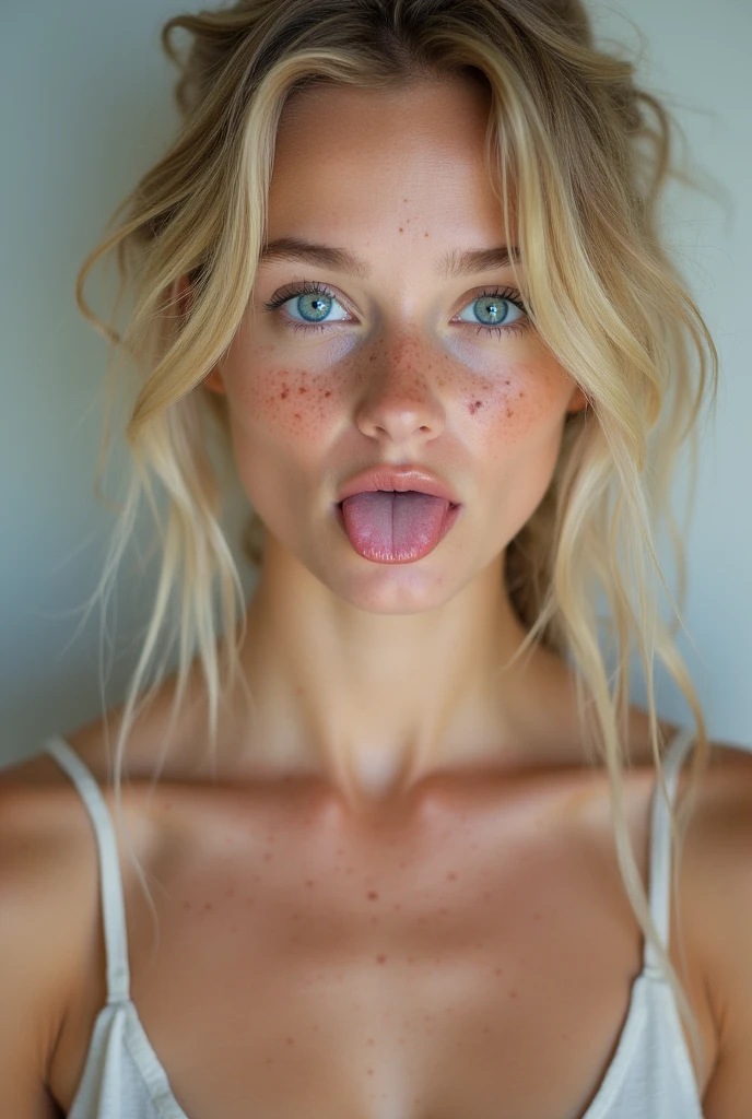 photo canon 89millimetre blonde au yeux bleu tache de rousseur
imperfections sur le frontcomme taches de naissance
epaule visible petits seins qui tire la langue, yeux en l'air
en soutient gorge