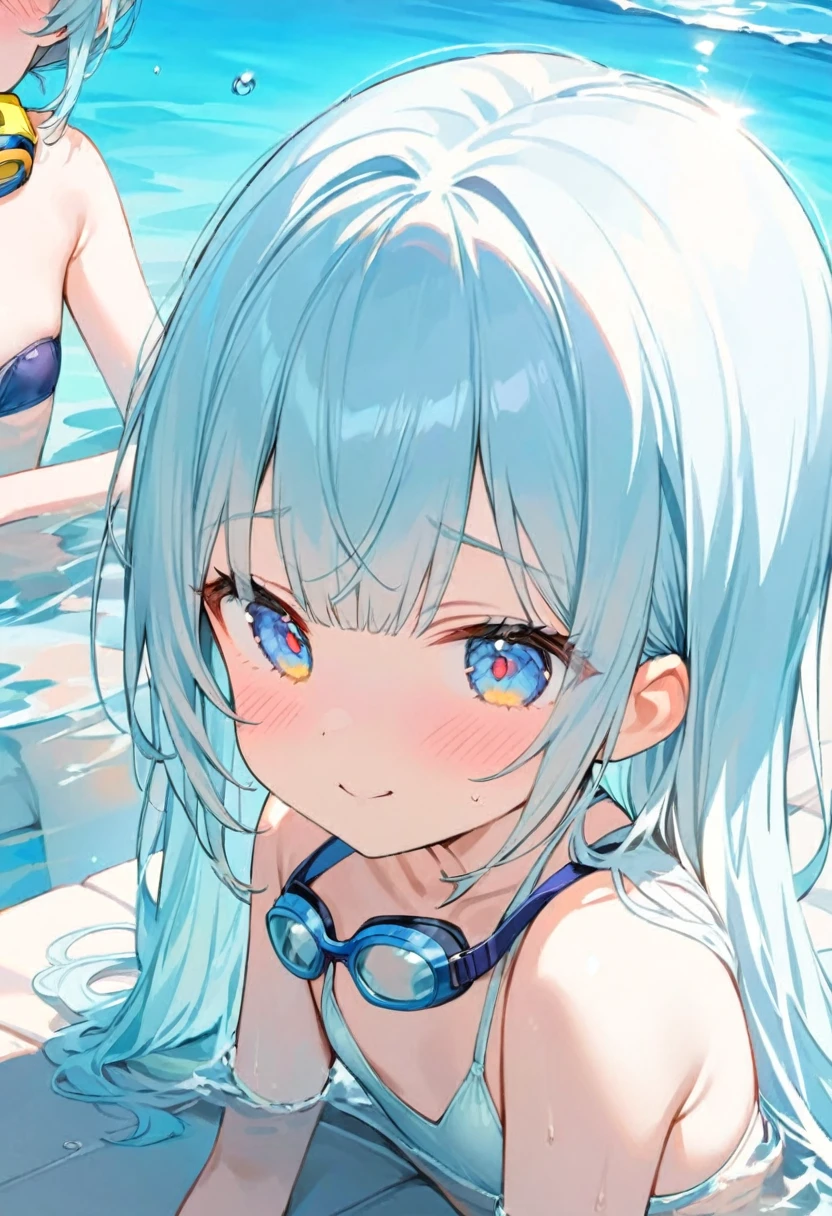 masterpiece, best quality, extremely detailed, (illustration, official art:1.1), 1 girl ,(((( light blue long hair)))), ,(((( light blue long hair)))),light blue hair, , long hair ((blush)) , cute face, big eyes, masterpiece, best quality,(((((a very delicate and beautiful girl))))),Amazing,beautiful detailed eyes,blunt bangs((((little delicate girl)))),tareme(true beautiful:1.2), sense of depth,dynamic angle,,,, affectionate smile, (true beautiful:1.2),,(tiny 1girl model:1.2),)(flat chest),shy，In a pool，There was a lying on her stomach on a swimming ring。The water in the pool is crystal clear， wearing a navy colored swimsuit，Sitting intently in the water。Her face showed a look of happiness and contentment，The surroundings are filled with laughter and laughter。The sun shone on her through the surface of the pool，The whole picture is full of relaxed and carefree atmosphere。Wear underwater goggles around your neck
