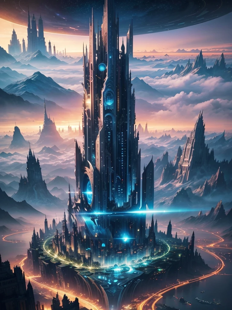 Best Quality，8k，Huge sky city，The Great Labyrinth in the Sky，mysterious，Multidimensional，A world beyond imagination，Different dimension，romantic，High Dimension，Fantasy，Skyscrapers，Different space，Nature，romantic，A world beyond imagination，Dream world，Huge river，masterpiece，最高masterpiece，perfection，