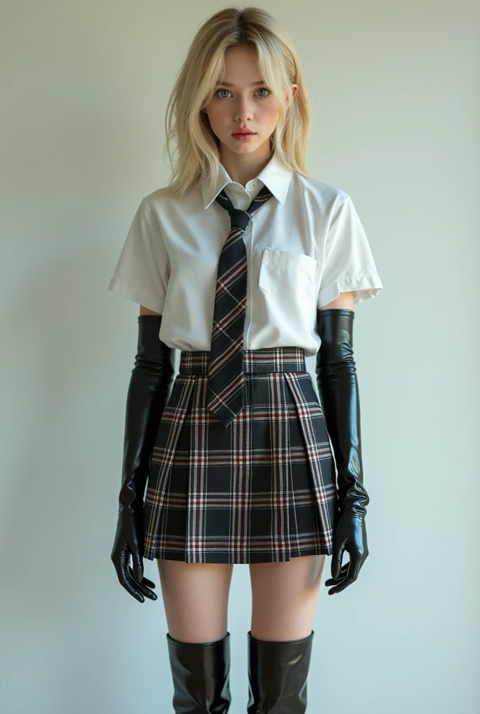 Beautifull 18 year old blonde schoolgirl, in her uniform with shirt tie and skirt, with an apron on and long latex gloves and leather long heel boots. Entire body