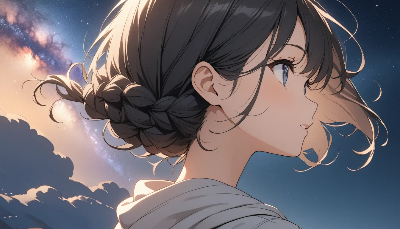 Starry Sky、milky way、One woman、Black Hair、Short Hair、Hair blowing in the wind、Braided hairstyle、Wearing a hoodie、Back view、Upper Body、Low - Angle