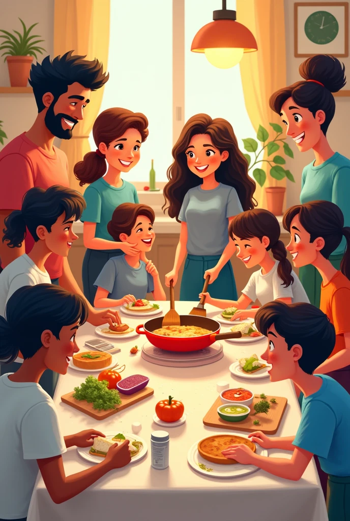 GROUP OF PEOPLE DOING VARIOUS DAILY ACTIVITIES SUCH AS COOKING, sweep, clean, STUDY CARTOON