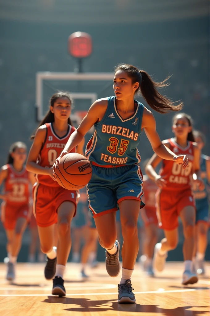 Photorealism: 9 girls playing basketball with terno beautiful jersey