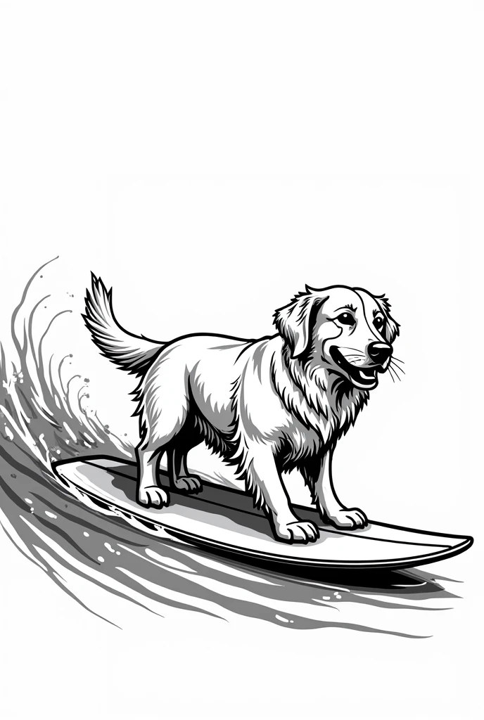 Golden Retriever with a surfboard created in black and white vector