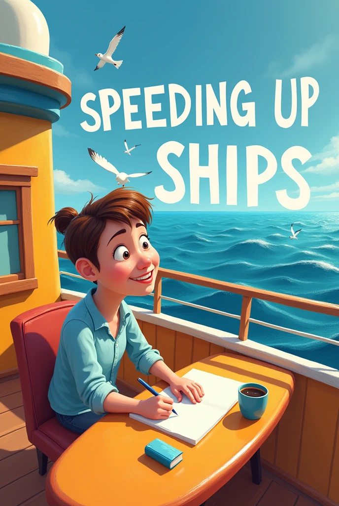 Create a Pixar style image with an adult person ON A SHIP AND WRITING THE FOLLOWING PHRASE: SPEEDING UP SHIPS
