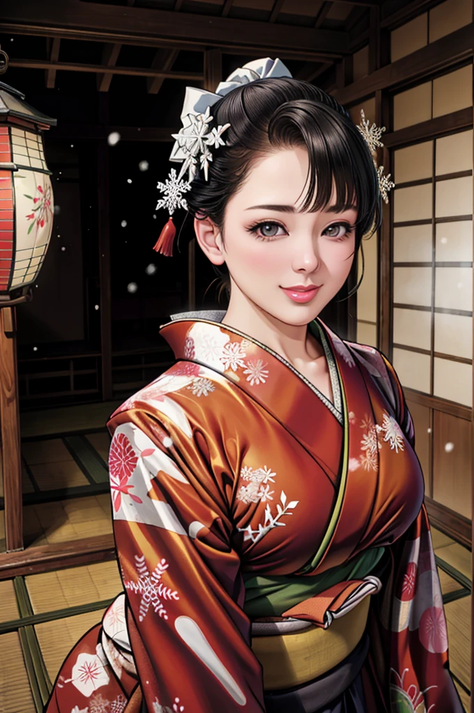 (Browsing Caution), (RAW Photos), (Realistic), (Photorealistic), Ultra-high resolution, masterpiece, Highest quality, Portraiture, facial Portraiture, Perfect lighting, Detailed lighting, Dramatic Shadows, Ray Tracing, Pure Eros Face_v1, Urzan-6500-v1.1, ((gentle smile)), ((upper body:1.2)), ((random sexy pose)), looking at viewer, ((wearing a kimono)), ((in old Japanese sinto)), ((background with snow:1.2)), ((blizzard:1.2)), ((snowflake:1.2)),